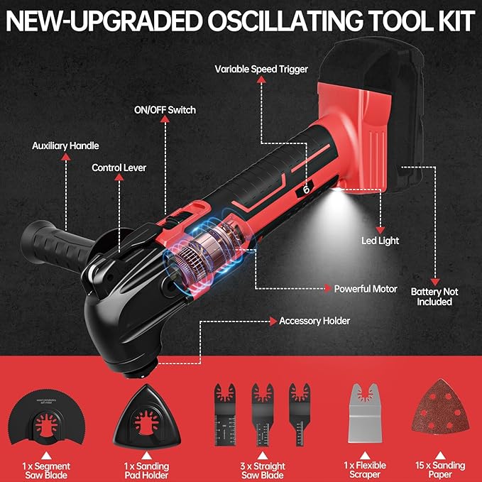 Cordless Oscillating Tool for Milwaukee 18V Battery, Oscillating Multi Tool Kit with Auxiliary Handle, 6 Variable Speed, Oscillating Saw for Scraping, Sanding, Cutting Wood (Battery Not Included)