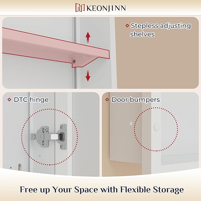 Keonjinn 17" x 25" White Medicine Cabinet with Mirror, Recessed or Surface Wall-Mounted Aluminum Alloy Framed Beveled Mirror, Single Door Farmhouse Bathroom Cabinet with Storage
