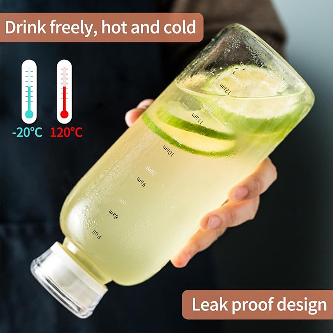 Glass water bottle With Time Marker -15oz with 2 caps and straw,Reusable Glass Drinking Bottles，Suitable For Drinks, Juices, Sodas, Coke, As Gifts Etc (15oz)