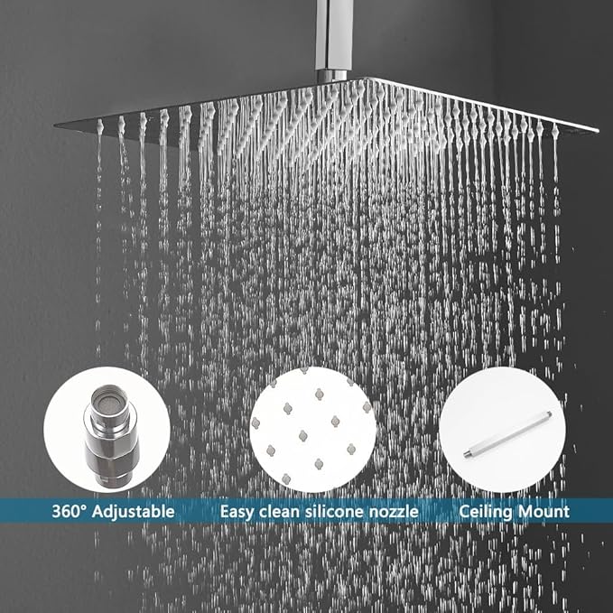 16 Inch Ceiling Mount Polished Chrome Shower System Bathroom Luxury Rain Mixer Shower Combo Set Ceiling Rainfall Shower Head System (Contain Shower Faucet Rough-in Valve Body and Trim)