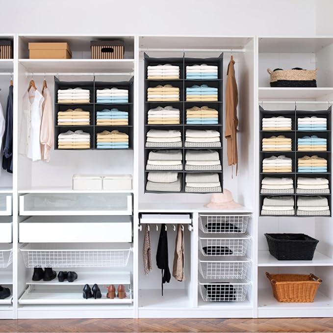 5 Tier Shelf Hanging Closet Organizer, Dual-Row 10 Pocket Cloth Hanging Shelf with 3 Sturdy Hooks for Storage, Foldable (Grey)