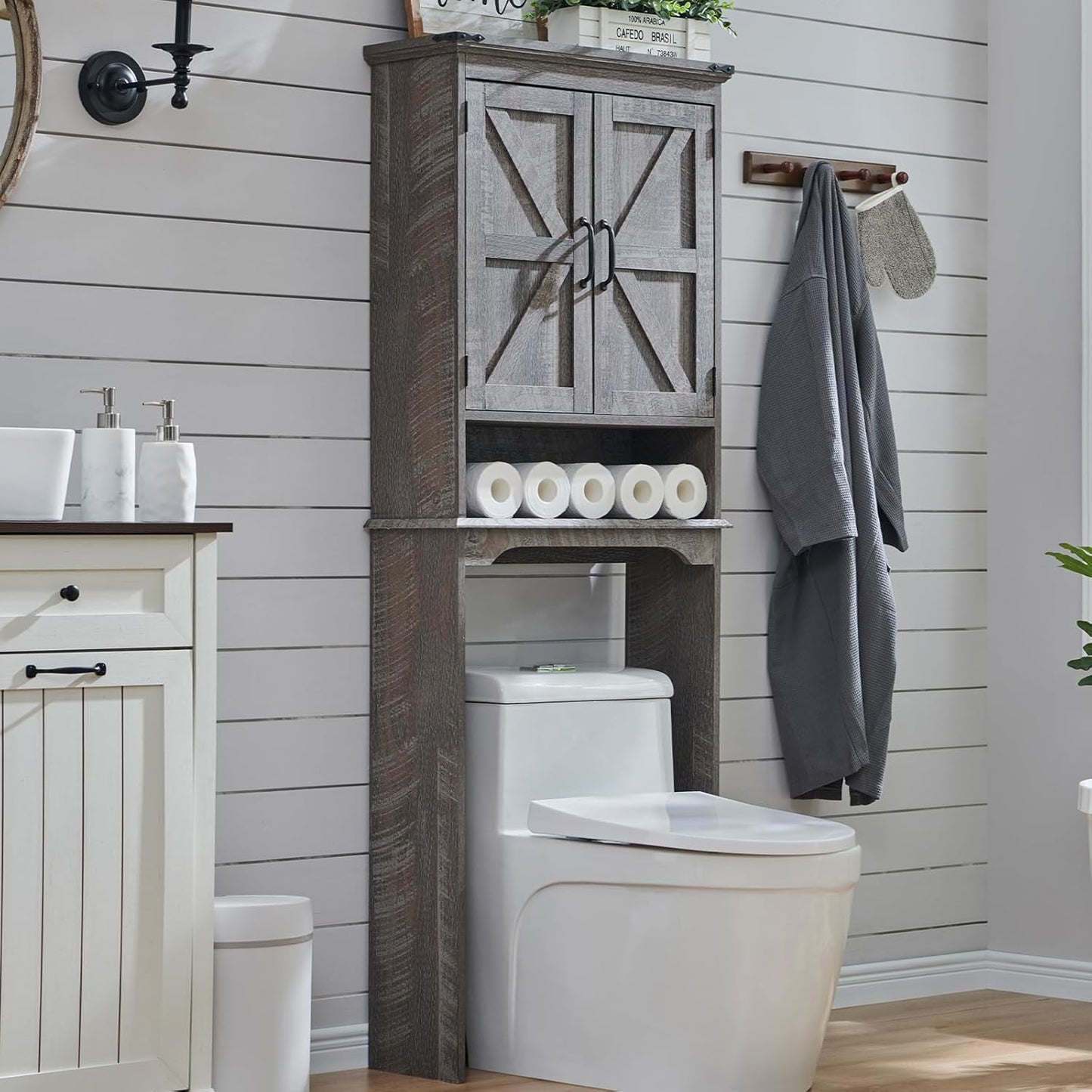 Over The Toilet Storage Cabinet, Farmhouse Bathroom Cabinet with Adjustable Shelf & Barn Door, 67" Tall Over The Toilet Shelf, Grey Wash