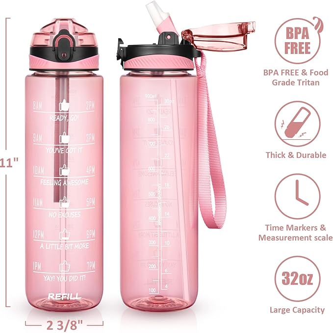 Fimibuke 32 oz Water Bottle with Sleeve - BPA Free Leakproof Sport Large 1L Plastic Motivational Water Bottle with Straw Strap & Insulated Neoprene Holder Carrier Bag Great Xmas Gift for Women Men