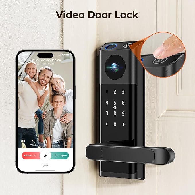 Video Smart Lock with Camera & Doorbell, 5-in-1 Keyless Entry Door Lock with Handle, Fingerprint+Keypad Code+App Remote Control+IC Card, Auto Lock, Wi-Fi Smart Deadbolt for Front Door, Apartment