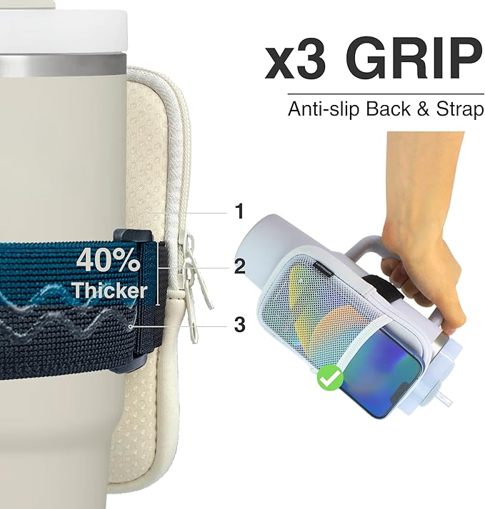 Water Bottle Pouch for Stanley Cups with 20oz 30oz 40oz Stanley Quencher Adventure & Stanley IceFlow, Gym Accessories for Women Tumbler Pouch with Strap & Zipper Cup Purse for Card Keys (Cream, Large)