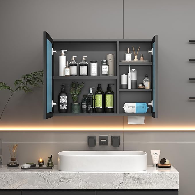 24 x 35.4 inch Bathroom Medicine Cabinet with Mirror, Black Metal Framed Mirror Medicine Cabinet with Storage, Pre-Assemble Medicine Cabinets for Bathroom, Recessed or Surface Mount