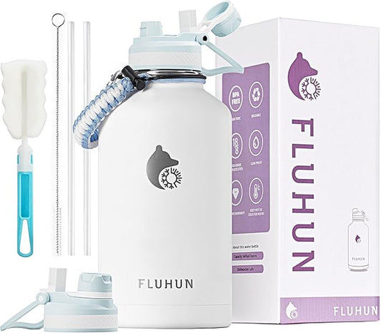 Insulated Water Bottle 64 oz, Double Walled Vaccum Stainless Steel Half Gallon Water Bottle with Straw and Handle, 2-in-1 (Straw & Spout) Water Flask Jug Lid for Gym and Outdoor Sports