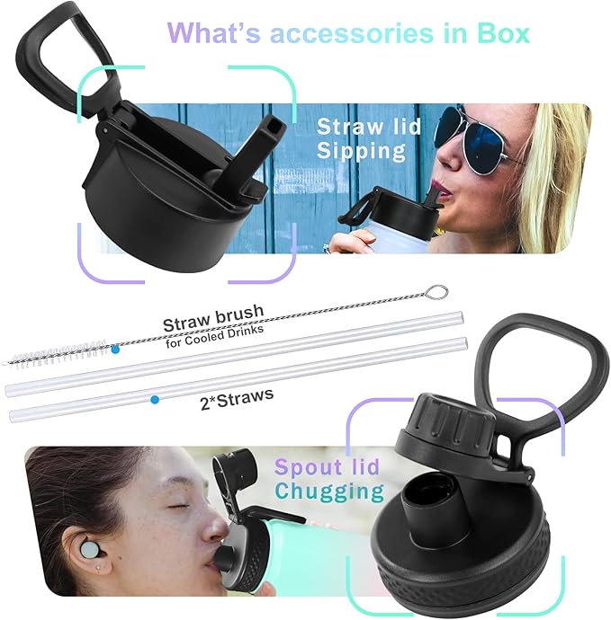 Sports Stainless Steel Water Bottle with Straw, Spout lid-32OZ -Wide Mouth Vacuum Insulated Thermos Water Bottles, Keep Water Cold/Hot, Metal Water Bottle for Biking Hiking (Light Blue, 32OZ)