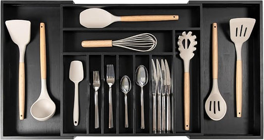 KitchenEdge Premium Silverware, Flatware and Utensil Organizer for Kitchen Drawers, Food-Safe Contract Grade, Expandable from 18 to 33 In, Black Bamboo
