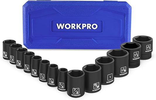 WORKPRO 1/2” Drive Shallow Impact Socket Set, SAE Cr-V Steel 6-Point Socket Set with Storage Case for Automotive Maintenance and Repairs (14PCS 3/8”-1-1/4")