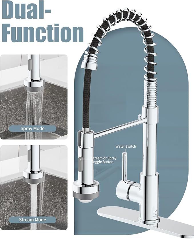 Kitchen Faucet with LED Light, Chrome Faucet with Soap Dispenser, Faucet for Kitchen Sink, Single Handle Stainless Steel Kitchen Sink Faucets with Pull Down Sprayer, Camper Farmhouse RV Sink Faucet