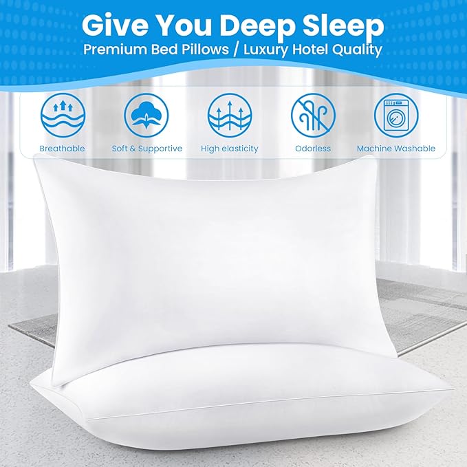 Bed pillows for sleeping, Down alternative pillows, White,Microfiber filled,Queen pillows set of 2,20x30 Inches,Super soft,Hotel collection,Queen size pillow for back,stomach or side sleepers