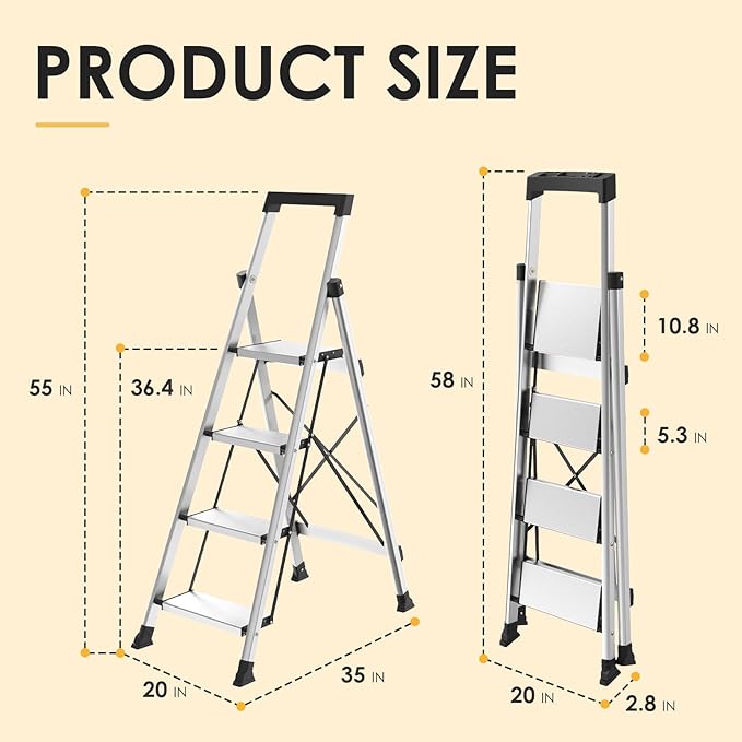 HBtower 4 Aluminum Step Ladder, Strudy Ladders for Home with Tool Tray, Anti-Slip Folding Step Stool for Adults, Light Weight Portable 330lbs Safety for Kitchen Warehouse Outdoor Work