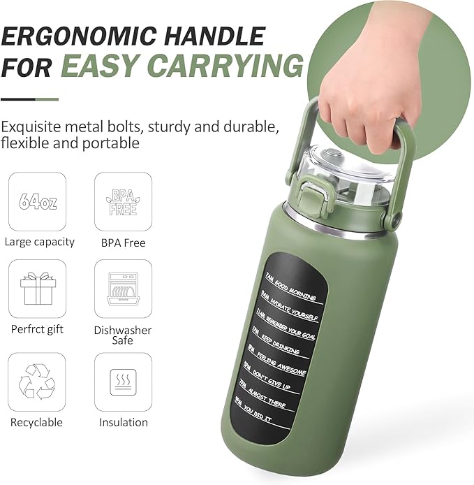 BLUEGO 64oz Insulated Water Bottle with Straw and Handle Leakproof Half Gallon Wide Mouth Motivational Water Bottle, 2-IN-1 Straw Spout Lid Stainless Steel Water Jug for Sport Travel Gym-Oliver