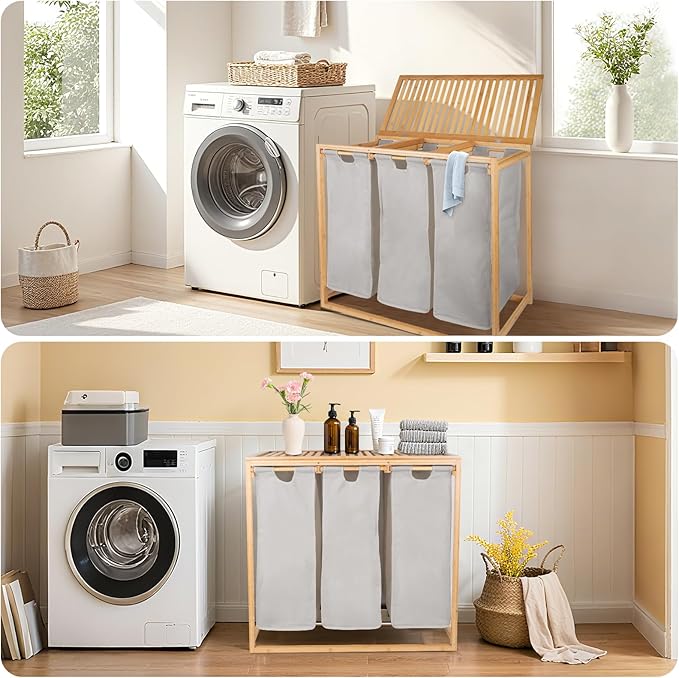 Bamboo Laundry Hamper 3 Section with Lid, 150 L Laundry Sorter with Pull-Out Removable Washable Bags, 3 × 12.5 Gal Divided Laundry Baskets for Laundry Room, Bathroom (Gray)