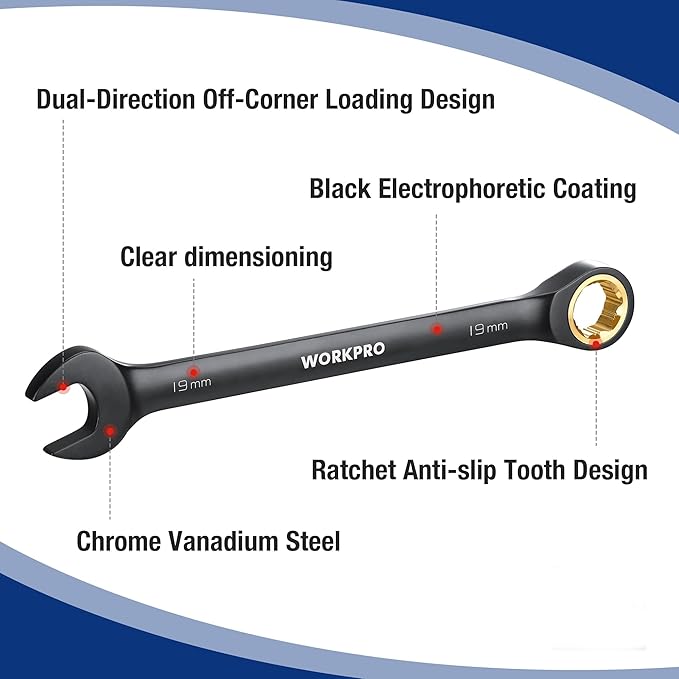 WORKPRO 9-Piece Anti-Slip Ratcheting Combination Wrench Set, Metric 8-19 mm, 72-Teeth, Cr-V Constructed, Black Ratchet Wrenches Set with Roll Up Pouch