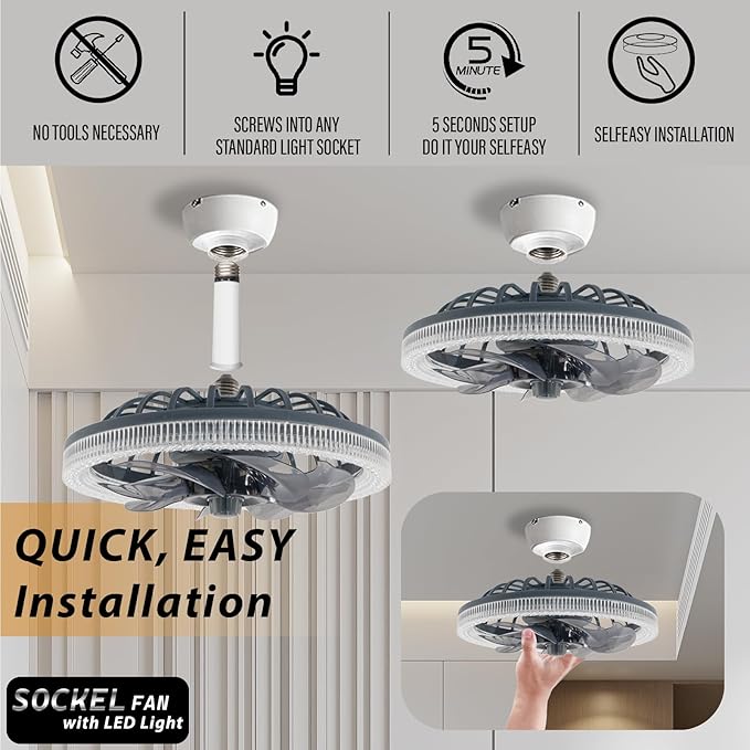 Light Socket Fan with Remote,12.2''Socket Modern Flush Mount Low Profile Ceiling Fan,Screw in Socket Fan Light with Dimmable Brightness and Color Temp,for Bedroom,Small Living Room Kitchen