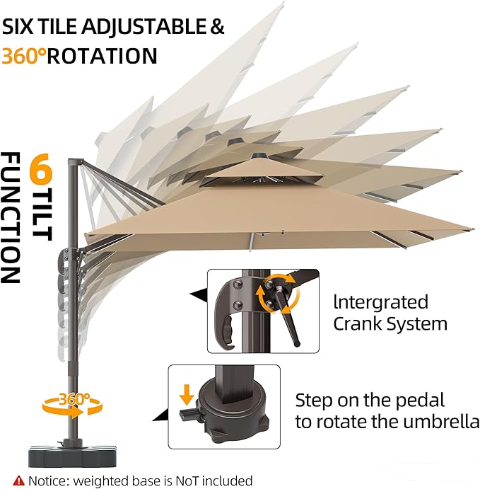 10x13FT Cantilever Outdoor Patio Umbrellas, Double Top Large Rectangle Umbrella, Heavy Duty 360° Rotation Offset Outdoor Sun Shade Umbrella for Garden Deck Pool Backyard Patio, Beige Brown