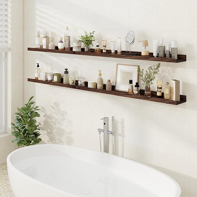 Floating Picture Ledge Shelves 72 Inch Solid Oak Wood Set of 2, Rustic Wall Storage Shelves with Lip, Kids Bookshelf, Photo & Picture Ledge Shelves for Bedroom, Living Room, Kitchen