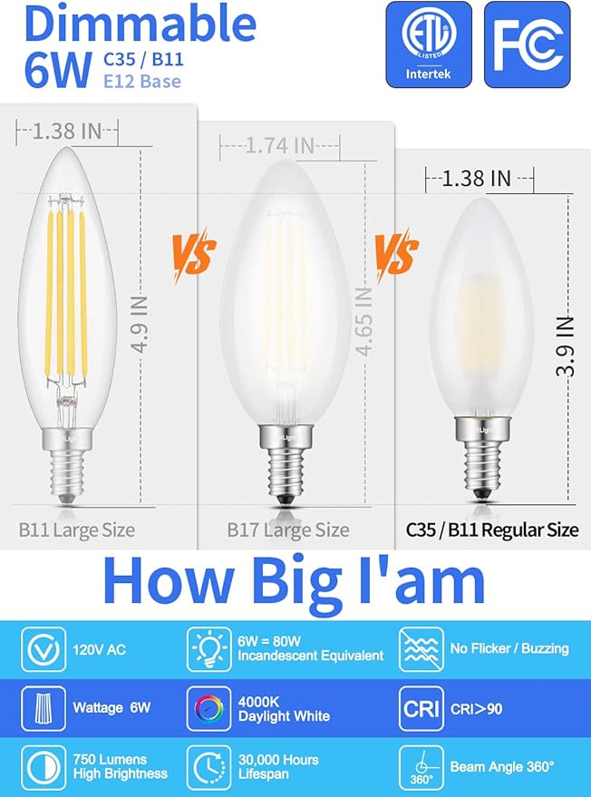 CRLight 6W Dimmable LED Candelabra Bulb 4000K Daylight White, 80W Equivalent 750 Lumens, E12 Base Vintage LED Filament Light Bulbs, B11 Candle Frosted Glass Chandelier Bulbs, Pack of 8