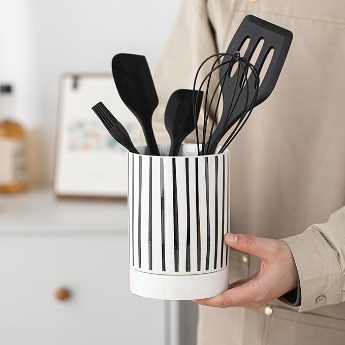 Small Utensil Holder for Kitchen Counter 4.1 x 6 Inches Ceramic Cooking Utensil Crocks Countertop Organizer Vintage Farmhouse Kitchen Decor Caddy,Stripe