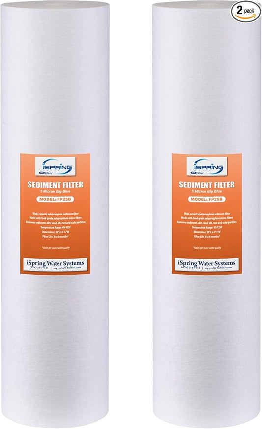 iSpring 5-Micron 20” x 4.5” Whole House Water Filter Cartridges, High Capacity Sediment Filter, Model Number: FP25BX2