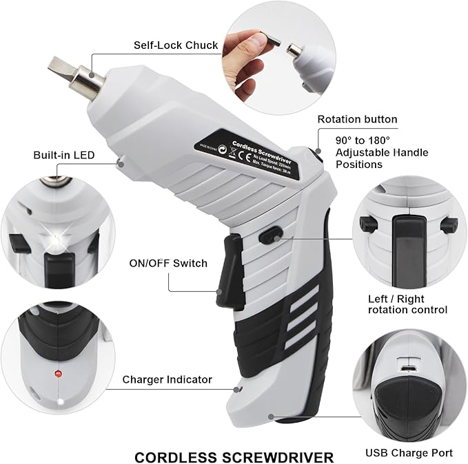 MQFORU Cordless Screwdriver, 48 in 1 Electric Screwdriver, Rechargeable 3.6V Portable Cordless Drills Kit, Dual Position Handle with USB Cable LED Light for Home Office DIY Tools