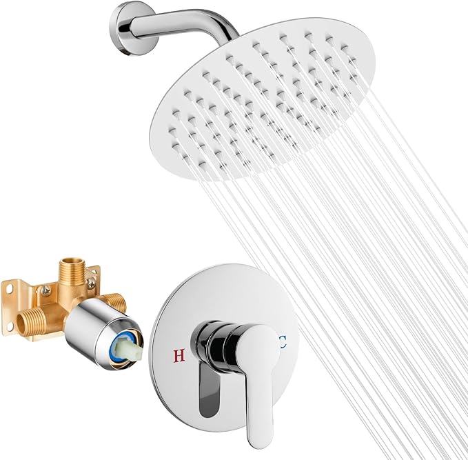 Airuida Shower Faucet Set,8 Inch Round Rainfall Shower Head,SUS304 Stainless Steel Single Handle Shower Trim Kit,Wall Mount Bathroom System with Male Threads Valve Chrome Polish
