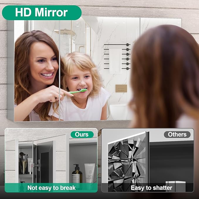 40 x 24 Farmhouse Medicine Cabinet, Tempered Frameless Bathroom Mirror with Storage, Silver Recessed or Surface Mount Aluminum Medicine Cabinet for Bathroom Modern-Large