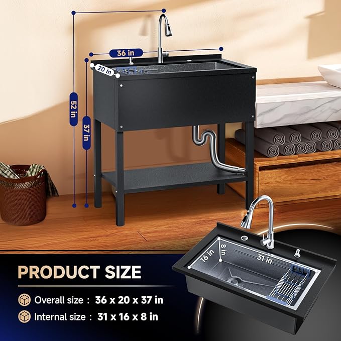 36" Stainless Steel Utility Sink, Freestanding Kitchen Sink with Faucet, Hoses and Drain Basket, Commercial Sinks for Garage, Kitchen, Bathroom, Laundry Room