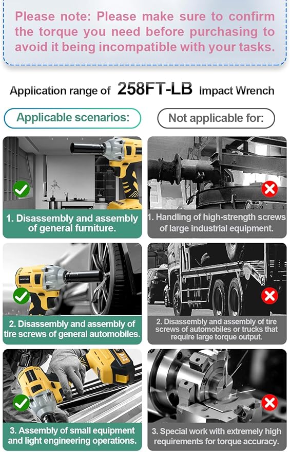 Cordless Impact Wrench 258Ft-lb（350N.m）, 1/2 Impact Gun, 2 Batteries, Pistola de Impacto, with 6 Sockets, Electric Impact Driver for Car Tires and Home YELLOW