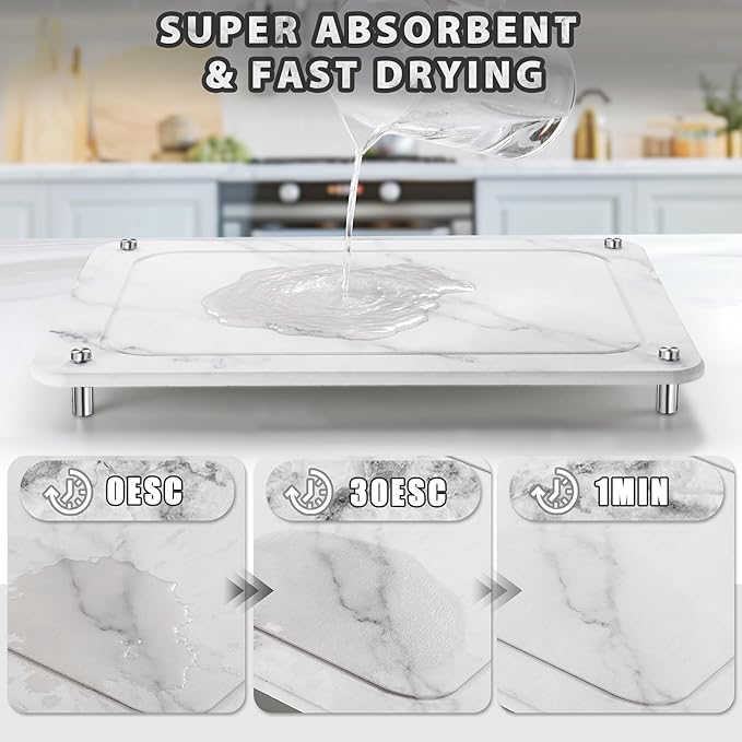 Stone Drying Mat for Kitchen Counter , IPOW Diatomaceous Dish Drying Mats Superb Absorbent，Heat-ResistantFast Drying Stone Mat Kitchen with Non-Slip Stainless Steel Feet（White）