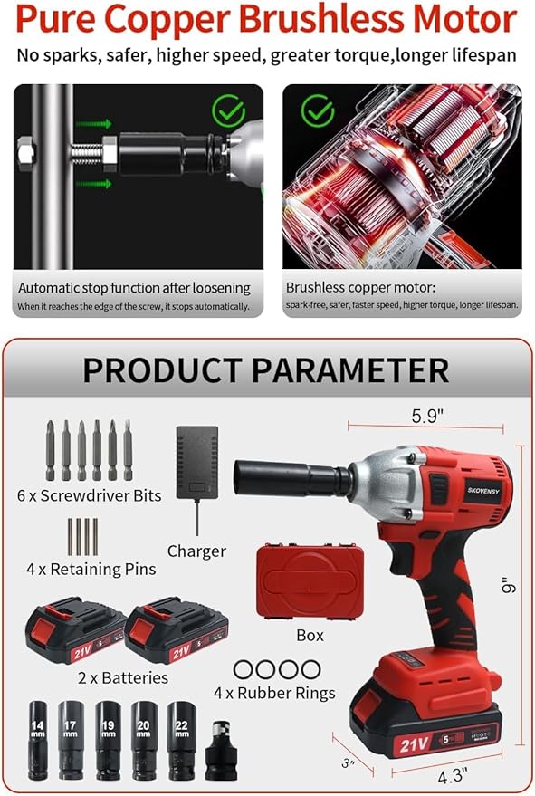 Cordless Impact Wrench, 2 Batteries, 1/2 Impact Gun, with 5 Sockets,Pistola de Impacto, Electric Impact Driver for Car Tires and Home RED-DDBS