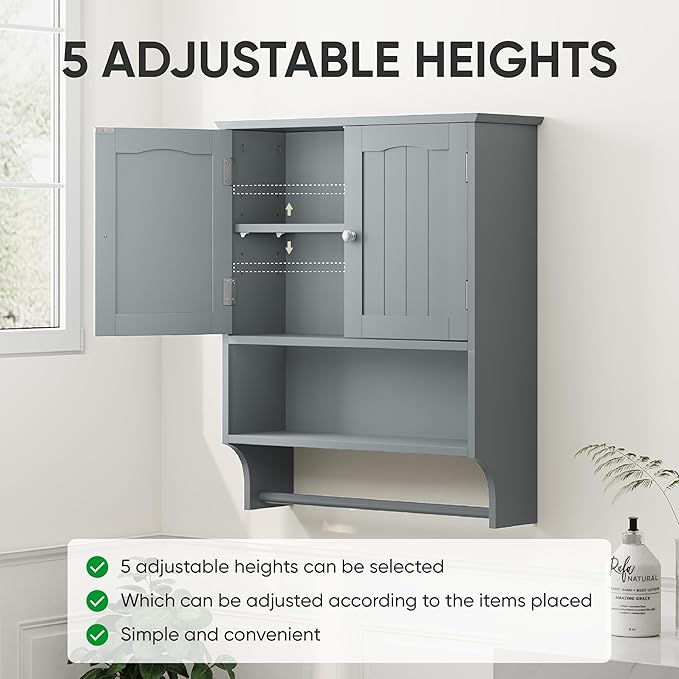 Smuxee Grey Bathroom Cabinet Wall Mounted with Towels Bar, Bathroom Medicine Cabinet with 2 Door Adjustable Shelves, Over Toilet Cabinet for Bathroom Laundry Room Kitchen
