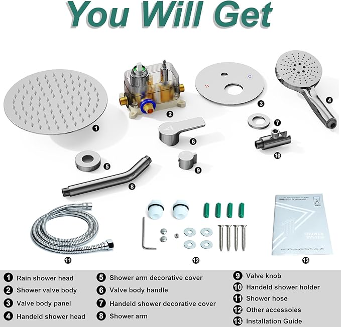 Shower Faucet Set 12IN Brass Rough-In Valve Body Trim Kit Rainfall Included Handle Accessories Complete 2 Functions with Rain Head and Handheld Bathroom Systems (12'', Chrome Polished)