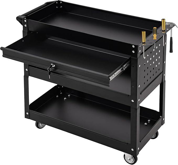 Rolling Tool Cart with Wheels, 3 Tier Black Tool Box Tool Chest with Drawers Universal Lockable Wheels, Utility Service Cart Adjustable Shelf and Locking Mechanism, for Workshop, Repair Shop