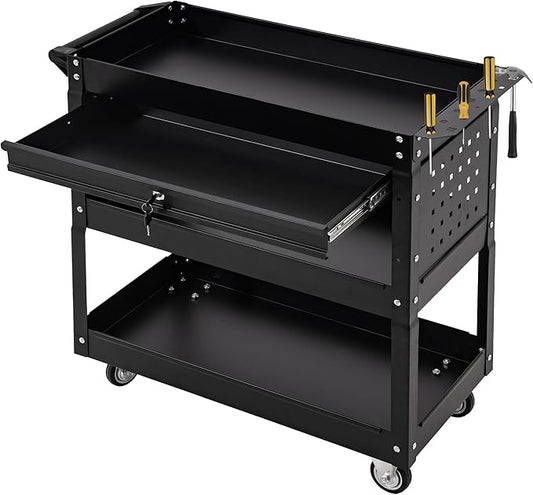 Rolling Tool Cart with Wheels, 3 Tier Black Tool Box Tool Chest with Drawers Universal Lockable Wheels, Utility Service Cart Adjustable Shelf and Locking Mechanism, for Workshop, Repair Shop