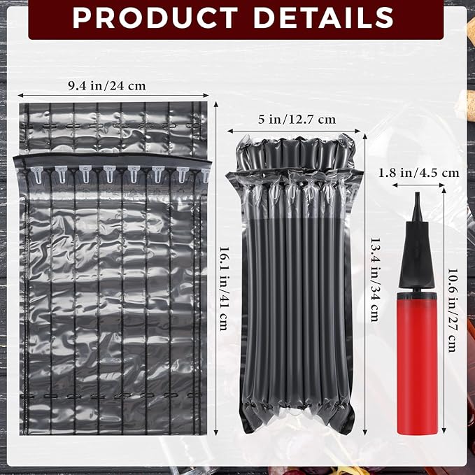 Frienda 50 Pcs Black Inflatable Wine Bottle Travel Protector Bags Reusable Air Column Wine Travel Inflatable Bag with Pump Wine Shipping Sleeves Wine Packing for Glass Bottles Airplane Transportation