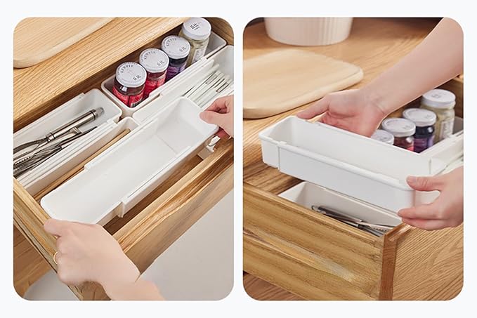 Drawer Organizers Set,Expandable Drawer Organizer Trays,Drawer Organizer Bins for Bedroom,Bathroom, Kitchen, Office (White,4pack)