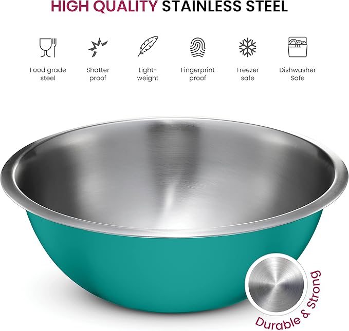 FineDine Stainless Steel Dishware Bowls - Easy To Clean, Nesting Bowls for Space Saving Storage, Great for Cooking, Baking, Prepping, 8 Quarts