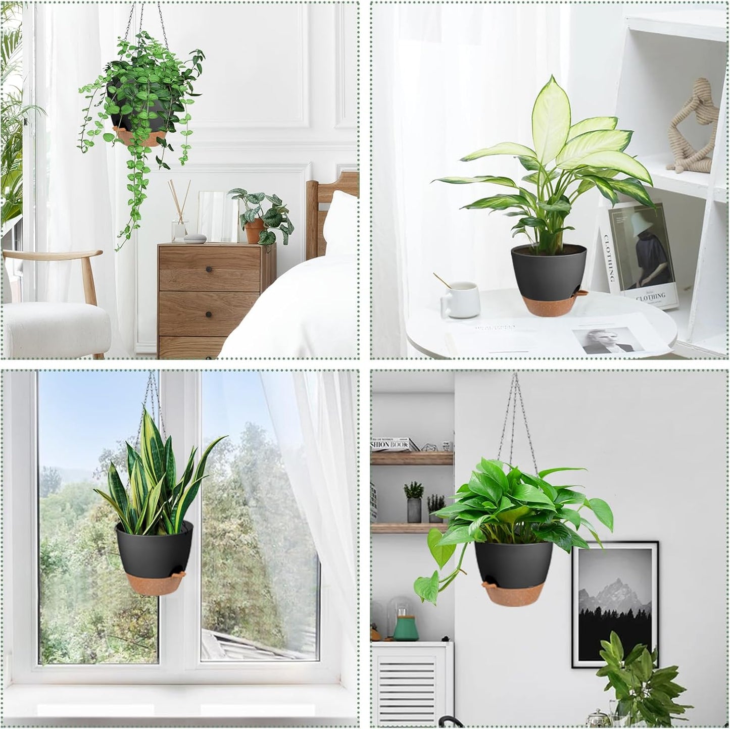 Hanging Planters for Indoor Outdoor Plants, 2 Pack Self Watering Hanging Pot with Drainage Holes & Removable Tray (Black, 6'')