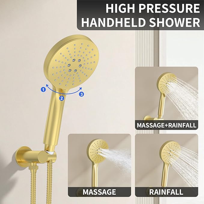 KOJOX Shower Set - Brushed Gold Finish, Powerful High Pressure Showerhead System with 3 Adjustable Settings and Handheld Capability, Valve Included