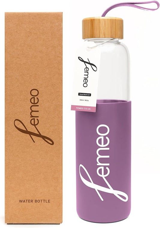 Femeo® Glass Water Bottle for Women | Eco, Yoga & Gym Friendly, 18oz | 100% Leakproof, BPA-Free, Dishwasher Safe, Borosilicate Drinking Glass Bamboo Sports Cap Purple