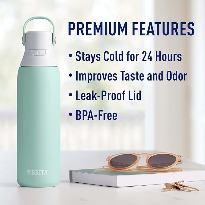 Brita Stainless Steel Premium Filtering Water Bottle, BPA-Free, Reusable, Insulated, Replaces 300 Plastic Water Bottles, Filter Lasts 2 Months or 40 Gallons, Includes 1 Filter, Glacier - 20 oz.