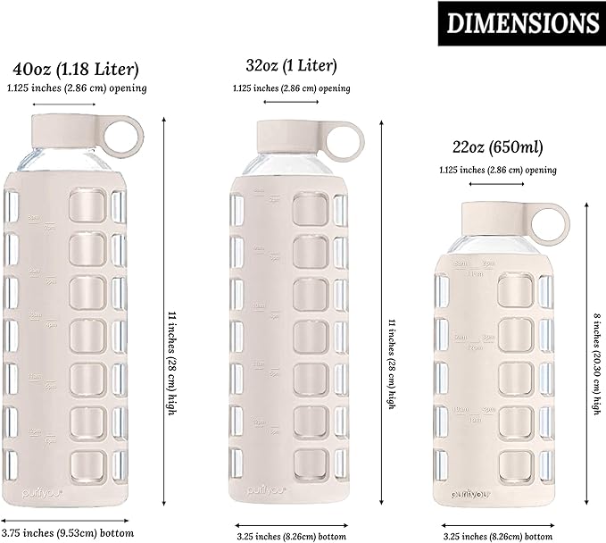 purifyou Premium Glass Water Bottles, 40/32 / 22/12 oz Reusable Drinking Bottle with Time & Volume Markings Silicone Sleeve & Stainless Steel Lid for Water, Coffee, & Fruit Juice (40oz Pearled Ivory)