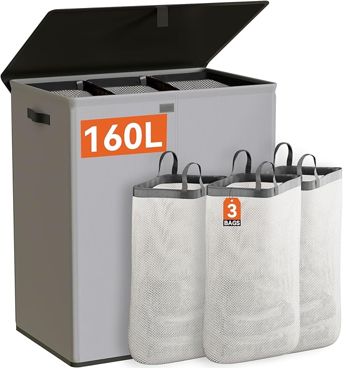 WOWLIVE Laundry Hamper with Lid,160L Large Laundry Basket 3 Section with Removable Washing Bags,Collapsible Waterproof Dirty Clothes Hamper for Laundry Room Bathroom Dorm,Grey
