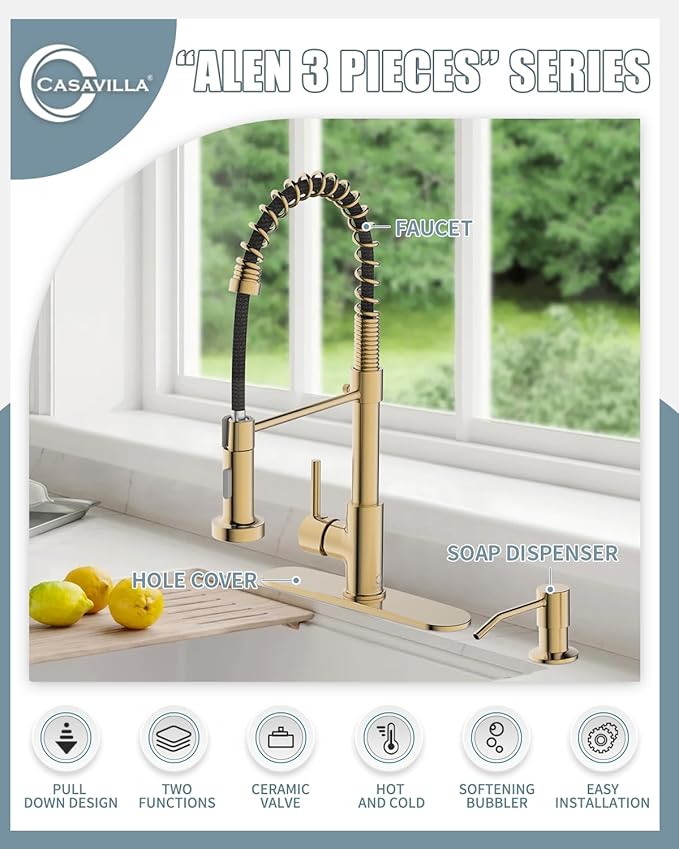 Kitchen Faucet, Brushed Gold Kitchen Faucet with Soap Dispenser and Deck Plate, Faucet for Camper Farmhouse RV Kitchen Sink, Single Handle Stainless Steel Kitchen Sink Faucets with Pull Down Sprayer