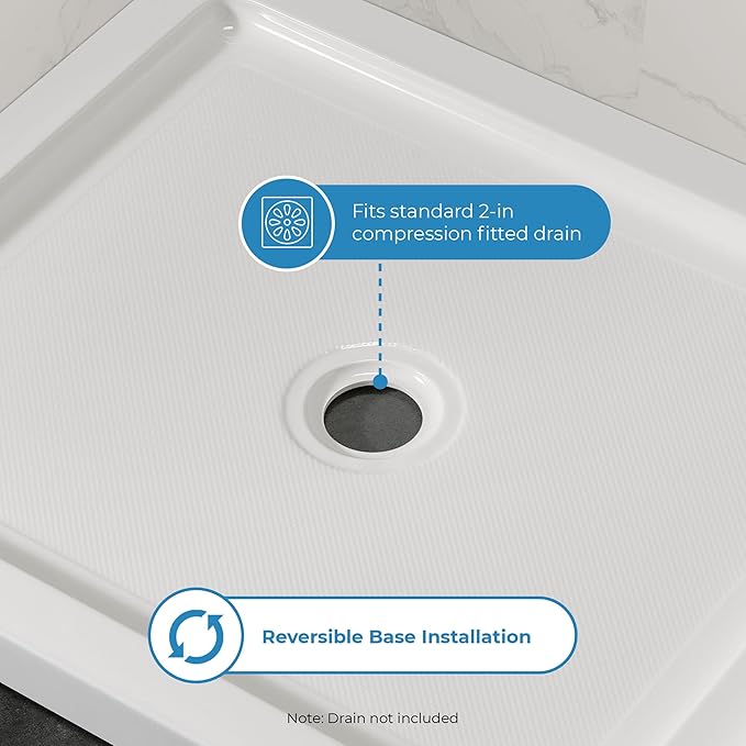 OVE Decors 40 in. W x 32 in. D Shower Base Pan Square, Center Drain, White Acrylic, Reversible Design