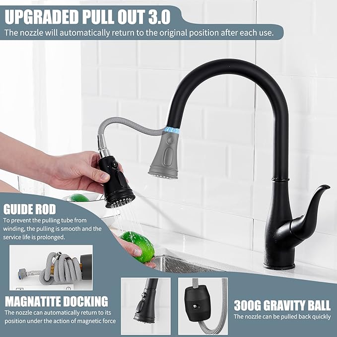 Black Kitchen Faucet with Soap Dispenser, Faucet for Kitchen Sink, Single Handle Stainless Steel Kitchen Sink Faucets with Pull Down Sprayer and Deck Plate, RV Sink Faucet
