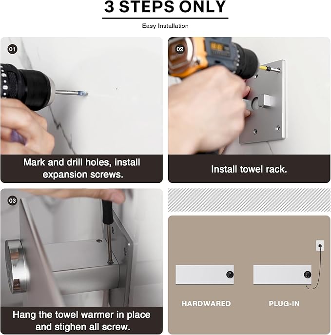 K&KALONZO Electric Towel Warmer, 18.8" W x 4.8" H Wall-Mounted Towel Heater with Built-in Timer, Waterproof Aluminum Towel Warmer for Bathroom, Support Plug-in and Hardwired, Silver, K1-R-S